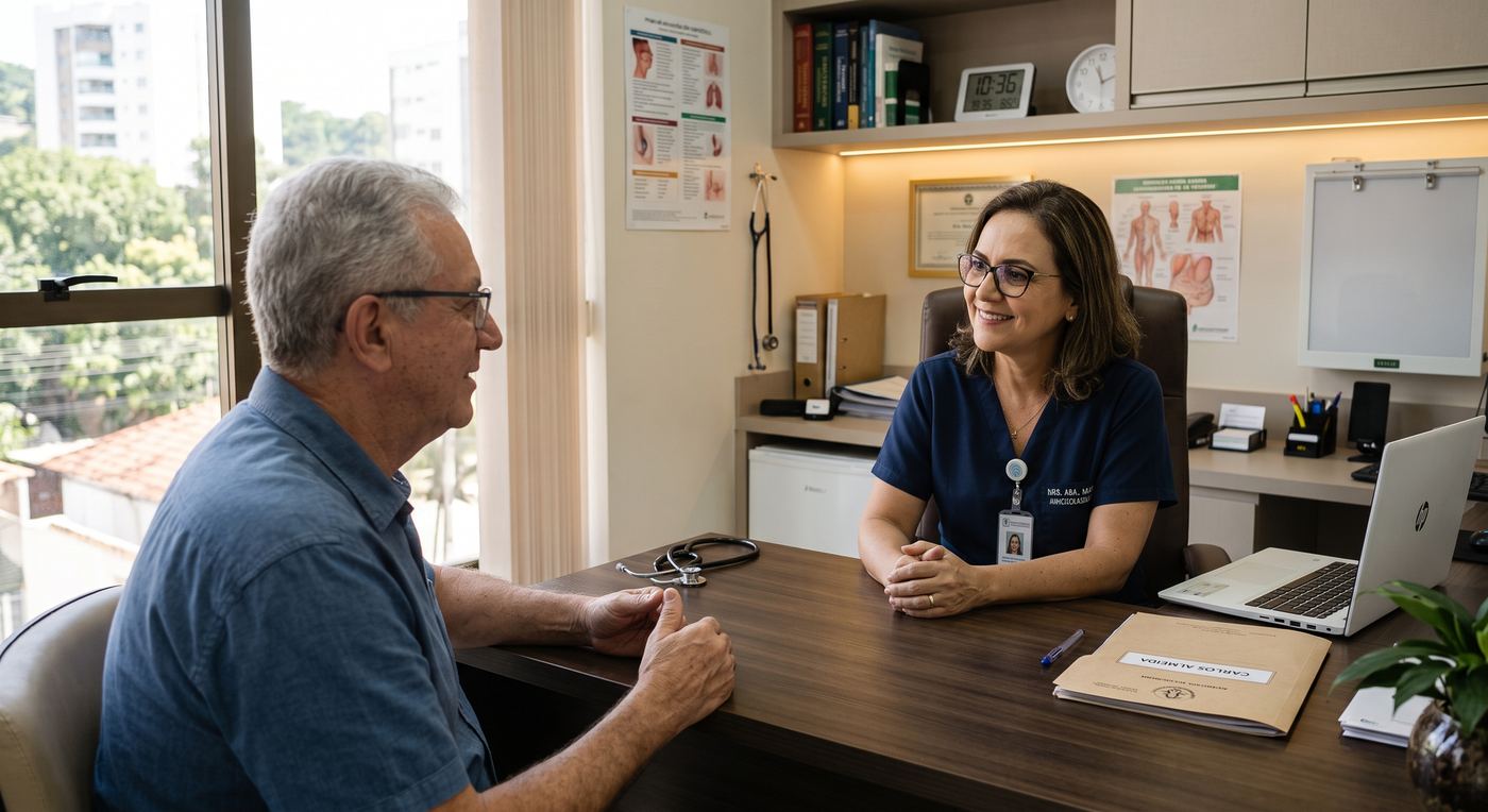 Médica conversando com um paciente durante uma consulta