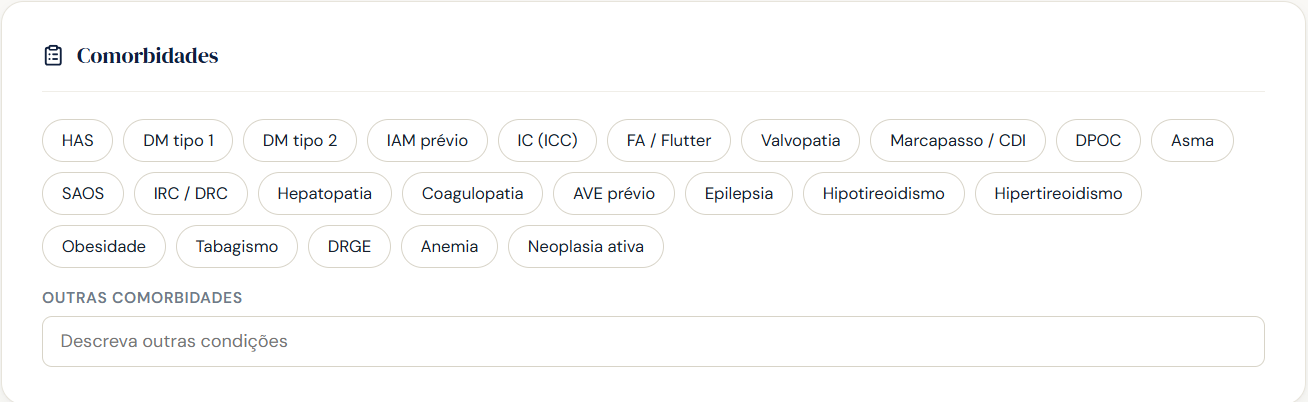 Seleção de comorbidades por chips clicáveis no AnestLive