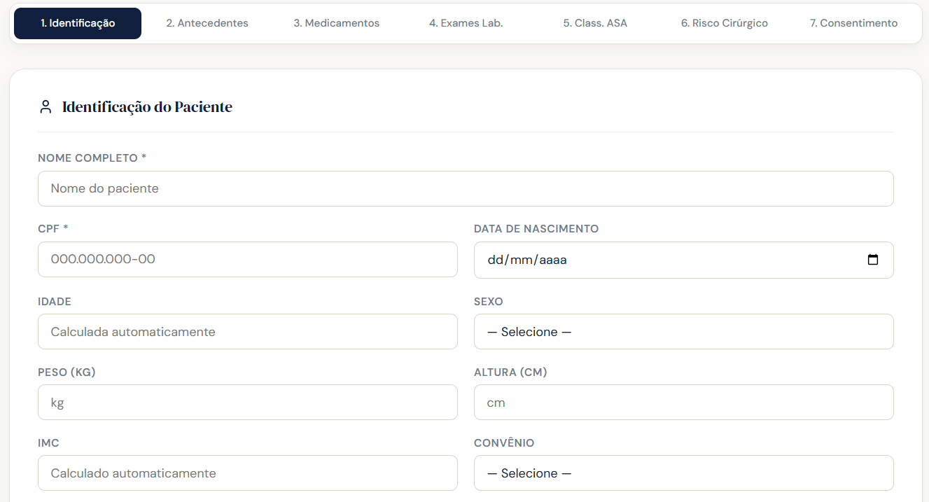 Formulário de identificação do paciente no AnestLive, com IMC e idade calculados automaticamente