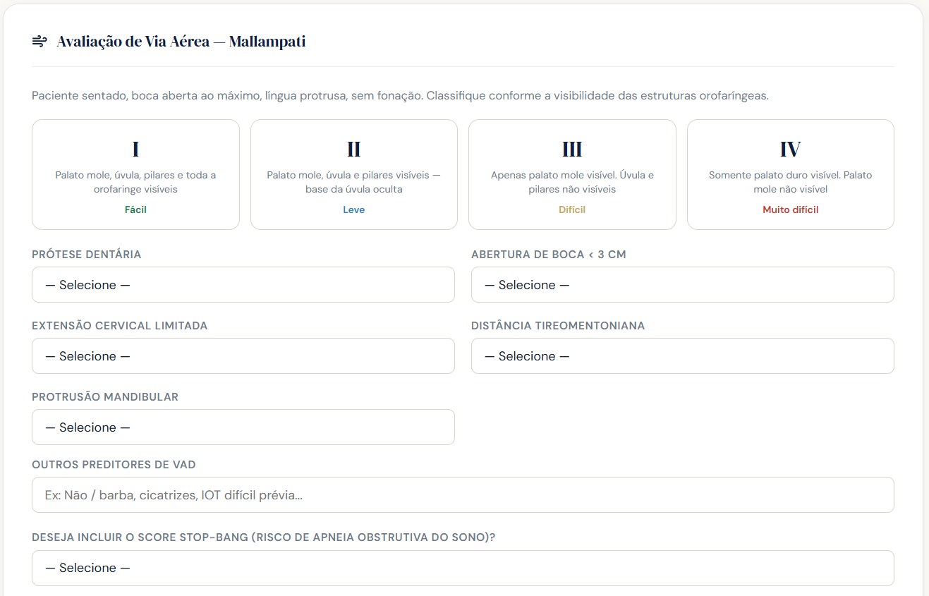Avaliação de via aérea com classificação de Mallampati ilustrada no AnestLive